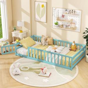 imageGiantex Twin Floor Bed with Door ampamp Fence Kids Wood Montessori Beds with Safety Guardrails Floor Bed Frame for Kids Boys Girls No Box Spring Needed Floor Bed Twin GreyIcy Aqua