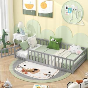 imageGiantex Twin Floor Bed with Door ampamp Fence Kids Wood Montessori Beds with Safety Guardrails Floor Bed Frame for Kids Boys Girls No Box Spring Needed Floor Bed Twin GreyGrey