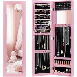 imageGiantex Wall Mounted Jewelry Cabinet with Full Length Mirror Over The Door Jewelry Armoire Organizer with Large Storage Makeup Mirror ampamp Velvet Lining WhitePink