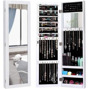 imageGiantex Wall Mounted Jewelry Cabinet with Full Length Mirror Over The Door Jewelry Armoire Organizer with Large Storage Makeup Mirror ampamp Velvet Lining WhiteWhite