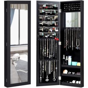 imageGiantex Wall Mounted Jewelry Cabinet with Full Length Mirror Over The Door Jewelry Armoire Organizer with Large Storage Makeup Mirror ampamp Velvet Lining WhiteBlack