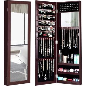 imageGiantex Wall Mounted Jewelry Cabinet with Full Length Mirror Over The Door Jewelry Armoire Organizer with Large Storage Makeup Mirror ampamp Velvet Lining WhiteBrown