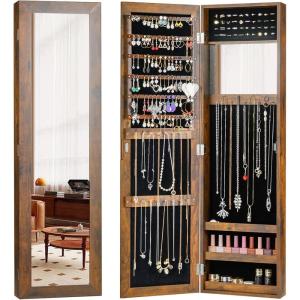 imageGiantex Wall Mounted Jewelry Cabinet with Full Length Mirror Over The Door Jewelry Armoire Organizer with Large Storage Makeup Mirror ampamp Velvet Lining WhiteRustic Brown