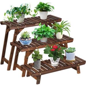imageGiantex Wood Plant Stand Multi Tier Flower Pot Holder Display Shelf for Home Balcony Patio Garden Flower Shop Outdoor Indoor Ladder Flower Pot Organizer Display Rack 3 Tiers Step Plant Stand