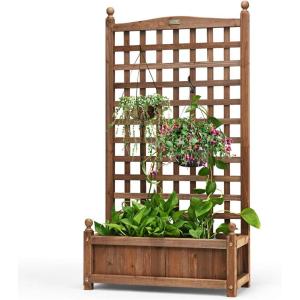 imageGiantex Wood Planter Free Standing Plant Raised Bed with Trellis for Garden or Yard 11quot Dx25 Wx48 H1