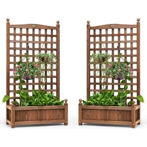 imageGiantex Wood Planter Free Standing Plant Raised Bed with Trellis for Garden or Yard 11quot Dx25 Wx48 H2