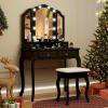 imageCHARMAID Makeup Vanity Desk with Lights and Mirror TriFolding Lighted Mirror with 3 Color Modes Vanity Table Set with 6 Drawers 12 Storage Compartments ampamp Cushioned Stool for Bedroom BlackBlack