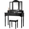 imageCHARMAID Makeup Vanity Desk with Lights and Mirror TriFolding Lighted Mirror with 3 Color Modes Vanity Table Set with 6 Drawers 12 Storage Compartments ampamp Cushioned Stool for Bedroom BlackBlack