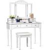 imageCHARMAID Makeup Vanity Desk with Lights and Mirror TriFolding Lighted Mirror with 3 Color Modes Vanity Table Set with 6 Drawers 12 Storage Compartments ampamp Cushioned Stool for Bedroom BlackWhite