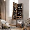 imageCHARMAID Rolling Jewelry Cabinet with Full Length Mirror Lockable Standing Jewelry Armoire with Wheels Steel Legs Lipstick Brush Storage Jewelry Organizer Box with Drawers Rustic BrownRustic Brown
