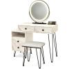 imageCHARMAID Vanity Desk with Reversible Side Cabinet Makeup Vanity Table with Lighted Mirror 3 Color Lights 4 Drawers Bedroom Dressing Table with Nightstand and Stool Rustic BrownWhite