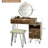 imageCHARMAID Vanity Desk with Reversible Side Cabinet Makeup Vanity Table with Lighted Mirror 3 Color Lights 4 Drawers Bedroom Dressing Table with Nightstand and Stool Rustic BrownRustic Brown