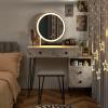imageCHARMAID Vanity Desk with Reversible Side Cabinet Makeup Vanity Table with Lighted Mirror 3 Color Lights 4 Drawers Bedroom Dressing Table with Nightstand and Stool Rustic BrownWhite