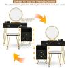 imageCHARMAID Vanity Desk with Reversible Side Cabinet Makeup Vanity Table with Lighted Mirror 3 Color Lights 4 Drawers Bedroom Dressing Table with Nightstand and Stool Rustic BrownMarble Black