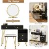 imageCHARMAID Vanity Desk with Reversible Side Cabinet Makeup Vanity Table with Lighted Mirror 3 Color Lights 4 Drawers Bedroom Dressing Table with Nightstand and Stool Rustic BrownMarble Black