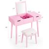 imageCHARMAID Vanity Set with Flip Top Mirror 2 Drawers and 9 Storage Compartments Removable Dividers Cushioned Stool Writing Desk Makeup Dressing Table for Kids Girls Women Easy Assembly WhitePink