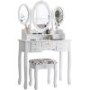 imageCHARMAID Vanity Set with TriFolding Mirror and Cushioned Stool Dressing Table with 7 Drawers and a Shelf Antique Makeup Table with Removable Top Vintage Makeup Vanity Set for Women Girls WhiteWhite