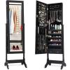 imageGiantex 2 LEDs Standing Jewelry Cabinet with Full Length Mirror Lockable Mirrored Jewelry Armoire with 2 Drawers 4 Adjustable Angles Jewelry Storage Organizer BrownBlack