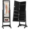 imageGiantex 2 LEDs Standing Jewelry Cabinet with Full Length Mirror Lockable Mirrored Jewelry Armoire with 2 Drawers 4 Adjustable Angles Jewelry Storage Organizer BrownBlack