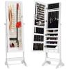 imageGiantex 2 LEDs Standing Jewelry Cabinet with Full Length Mirror Lockable Mirrored Jewelry Armoire with 2 Drawers 4 Adjustable Angles Jewelry Storage Organizer BrownWhite