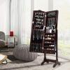 imageGiantex Jewelry Armoire Organizer with Full Length Mirror 14 LEDs Floor Standing Jewelry Cabinet with 2 Drawers 4 Adjustable Angles Lockable Jewelry Storage Box Cabinet BrownBrown