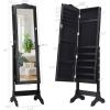 imageGiantex Jewelry Armoire Organizer with Full Length Mirror 14 LEDs Floor Standing Jewelry Cabinet with 2 Drawers 4 Adjustable Angles Lockable Jewelry Storage Box Cabinet BrownBlack
