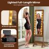 imageGiantex Standing Jewelry Armoire with 18 LED Lights Around the Door Large Storage Mirrored Jewelry Cabinet with Full Length Mirror 16 Lipstick Holders 1 Inside Makeup Mirror WhiteRustic Brown
