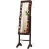 imageGiantex Standing Jewelry Armoire with 18 LED Lights Around the Door Large Storage Mirrored Jewelry Cabinet with Full Length Mirror 16 Lipstick Holders 1 Inside Makeup Mirror WhiteBrown