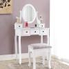imageGiantex Vanity Set with Round Lighted Mirror Makeup Dressing Table with 8 Light Bulbs and Brightness Adjustable Bedroom Makeup Table with Cushioned Stool and 2 Sliding Drawers WhiteWhite