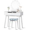 imageGiantex Vanity Set with Round Lighted Mirror Makeup Dressing Table with 8 Light Bulbs and Brightness Adjustable Bedroom Makeup Table with Cushioned Stool and 2 Sliding Drawers WhiteWhite