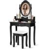 imageGiantex Vanity Set with Round Lighted Mirror Makeup Dressing Table with 8 Light Bulbs and Brightness Adjustable Bedroom Makeup Table with Cushioned Stool and 2 Sliding Drawers WhiteBlack