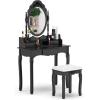 imageGiantex Vanity Set with Round Lighted Mirror Makeup Dressing Table with 8 Light Bulbs and Brightness Adjustable Bedroom Makeup Table with Cushioned Stool and 2 Sliding Drawers WhiteBlack
