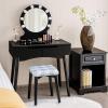 imageGiantex Vanity Set with Round Lighted Mirror Makeup Dressing Table with 8 Light Bulbs and Brightness Adjustable Bedroom Makeup Table with Cushioned Stool and 2 Sliding Drawers WhiteBlack