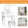 imageGiantex Vanity Set with Round Lighted Mirror Makeup Dressing Table with 8 Light Bulbs and Brightness Adjustable Bedroom Makeup Table with Cushioned Stool and 2 Sliding Drawers WhiteWhite