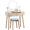 imageGiantex Vanity Set with Round Lighted Mirror Makeup Dressing Table with 8 Light Bulbs and Brightness Adjustable Bedroom Makeup Table with Cushioned Stool and 2 Sliding Drawers WhiteNatural