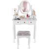 imageGiantex Vanity Set with Round Lighted Mirror Makeup Dressing Table with 8 Light Bulbs and Brightness Adjustable Bedroom Makeup Table with Cushioned Stool and 2 Sliding Drawers WhiteWhite