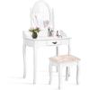 imageGiantex Vanity Set with Round Lighted Mirror Makeup Dressing Table with 8 Light Bulbs and Brightness Adjustable Bedroom Makeup Table with Cushioned Stool and 2 Sliding Drawers WhiteWhite
