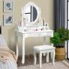 imageGiantex Vanity Set with Round Lighted Mirror Makeup Dressing Table with 8 Light Bulbs and Brightness Adjustable Bedroom Makeup Table with Cushioned Stool and 2 Sliding Drawers WhiteWhite