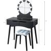 imageGiantex Vanity Set with Round Lighted Mirror Makeup Dressing Table with 8 Light Bulbs and Brightness Adjustable Bedroom Makeup Table with Cushioned Stool and 2 Sliding Drawers WhiteBlack