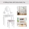 imageGiantex Vanity Set with Round Lighted Mirror Makeup Dressing Table with 8 Light Bulbs and Brightness Adjustable Bedroom Makeup Table with Cushioned Stool and 2 Sliding Drawers WhiteWhite