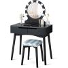 imageGiantex Vanity Set with Round Lighted Mirror Makeup Dressing Table with 8 Light Bulbs and Brightness Adjustable Bedroom Makeup Table with Cushioned Stool and 2 Sliding Drawers WhiteBlack