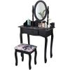 imageGiantex Vanity Set with Round Lighted Mirror Makeup Dressing Table with 8 Light Bulbs and Brightness Adjustable Bedroom Makeup Table with Cushioned Stool and 2 Sliding Drawers WhiteBlack