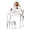 imageGiantex Vanity Set with Round Lighted Mirror Makeup Dressing Table with 8 Light Bulbs and Brightness Adjustable Bedroom Makeup Table with Cushioned Stool and 2 Sliding Drawers WhiteWhite