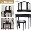 imageGiantex Vanity Set with TriFolding Mirror Makeup Dressing Table with 4 Drawers and Storage Shelf Modern Bedroom Bathroom Makeup Vanity Desk with Cushioned Stool for Girls Women WhiteBlack