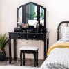 imageGiantex Vanity Set with TriFolding Mirror and 4 Drawers Makeup Dressing Table with Cushioned Stool for Girls Women Modern Bedroom Bathroom Makeup Table with Stool BlackBlack