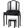 imageGiantex Vanity Set with TriFolding Mirror and 4 Drawers Makeup Dressing Table with Cushioned Stool for Girls Women Modern Bedroom Bathroom Makeup Table with Stool BlackBlack