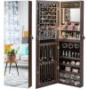 imageCHARMAID Jewelry Armoire Cabinet Wall Door Mounted 3 Colors LED Light Strip 472H Full Length Mirror Brush and Lipstick Storage Lockable Jewelry Organizer Box with 4 Drawers Brown