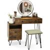 imageCHARMAID Vanity Desk with Reversible Side Cabinet Makeup Vanity Table with Lighted Mirror 3 Color Lights 4 Drawers Bedroom Dressing Table with Nightstand and Stool Rustic BrownRustic Brown