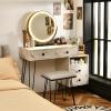 imageCHARMAID Vanity Desk with Reversible Side Cabinet Makeup Vanity Table with Lighted Mirror 3 Color Lights 4 Drawers Bedroom Dressing Table with Nightstand and Stool Rustic BrownWhite