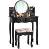 imageCHARMAID Vanity Set with 4 Storage Shelves and 4 Drawers Makeup Table with 360 Pivoted Round Mirror and Makeup Organizers Dressing Table with Mirror and Cushioned Stool for Women Girls WhiteBlack
